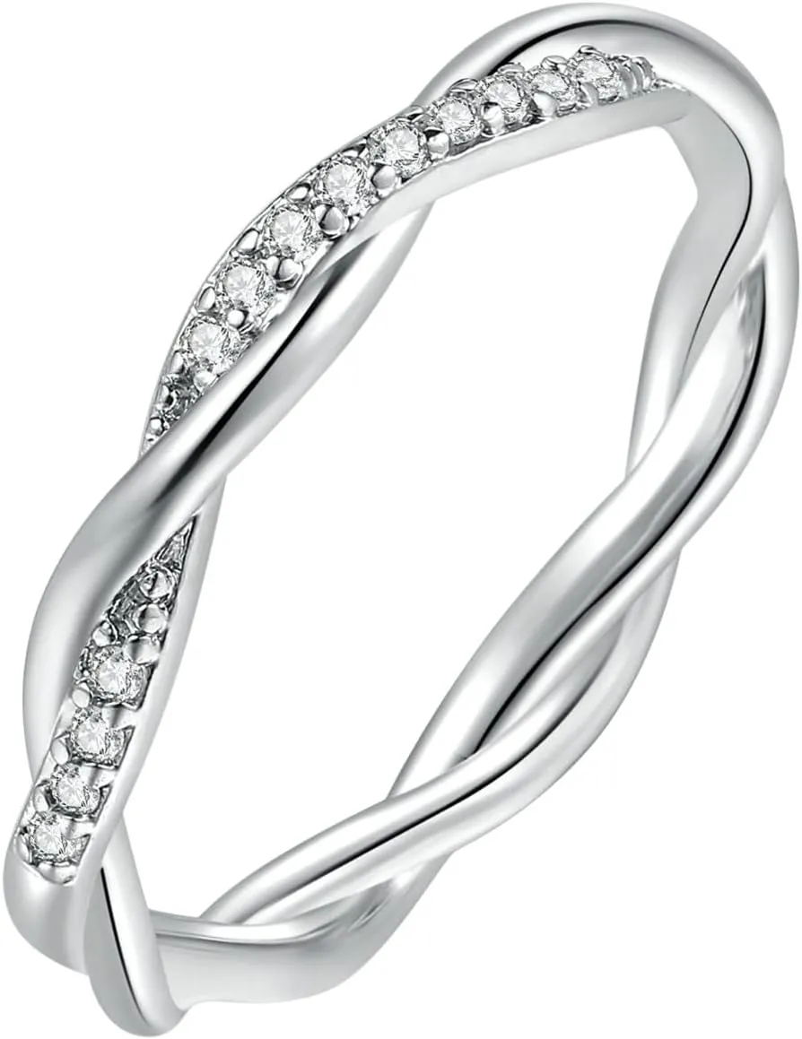 925 Sterling Silver Ring for Women,White Gold Plated Eternity Stackable Engagement Wedding Band CZ Twisted Rope Marriage Ring