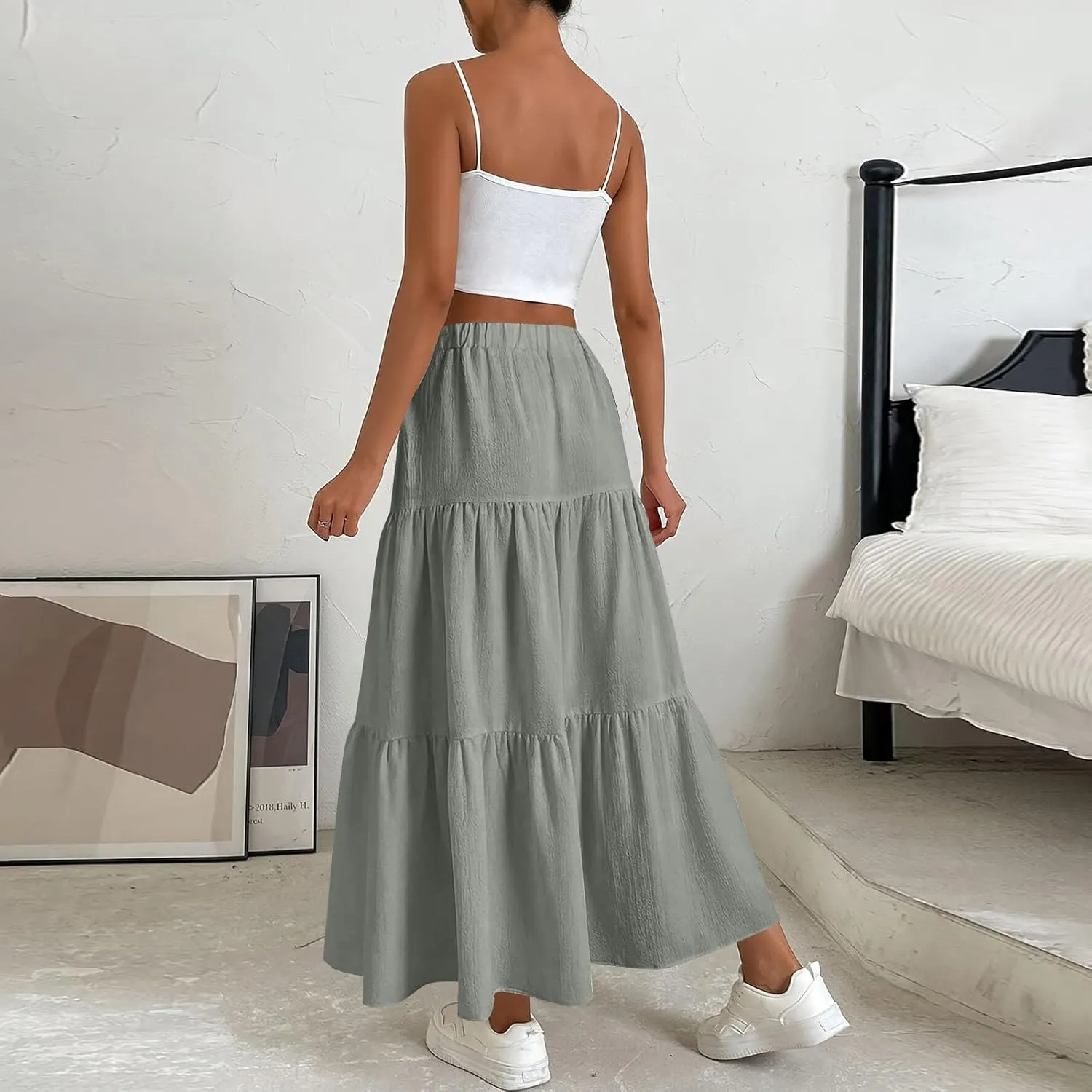 ADHOWBEW Spring Skirts for Women 2025 Elastic Waist Vacation Long Trendy Flowy Tiered Bohemian Skirts