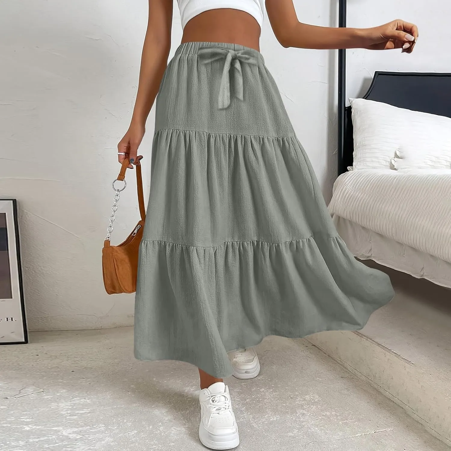 ADHOWBEW Spring Skirts for Women 2025 Elastic Waist Vacation Long Trendy Flowy Tiered Bohemian Skirts