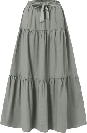ADHOWBEW Spring Skirts for Women 2025 Elastic Waist Vacation Long Trendy Flowy Tiered Bohemian Skirts