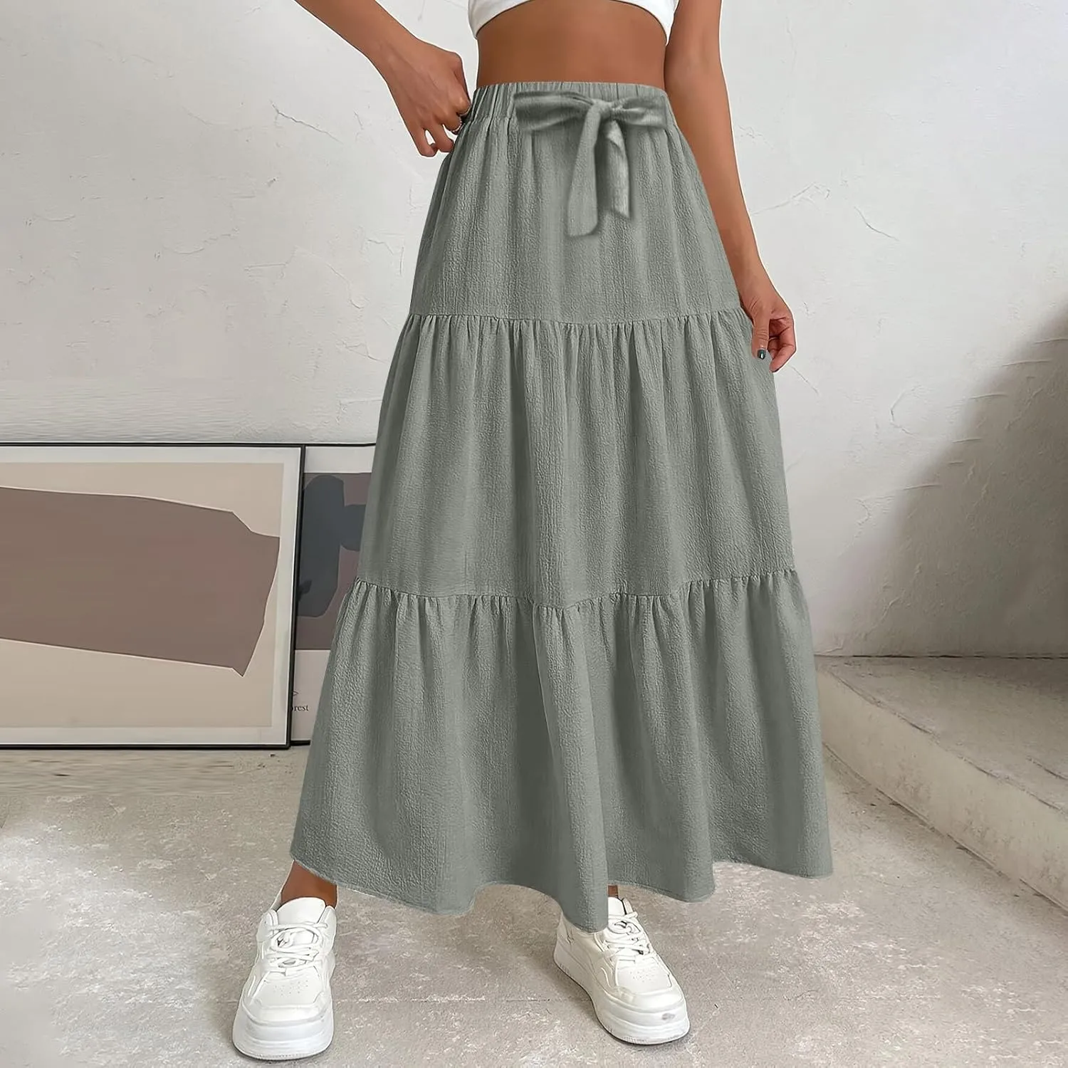 ADHOWBEW Spring Skirts for Women 2025 Elastic Waist Vacation Long Trendy Flowy Tiered Bohemian Skirts