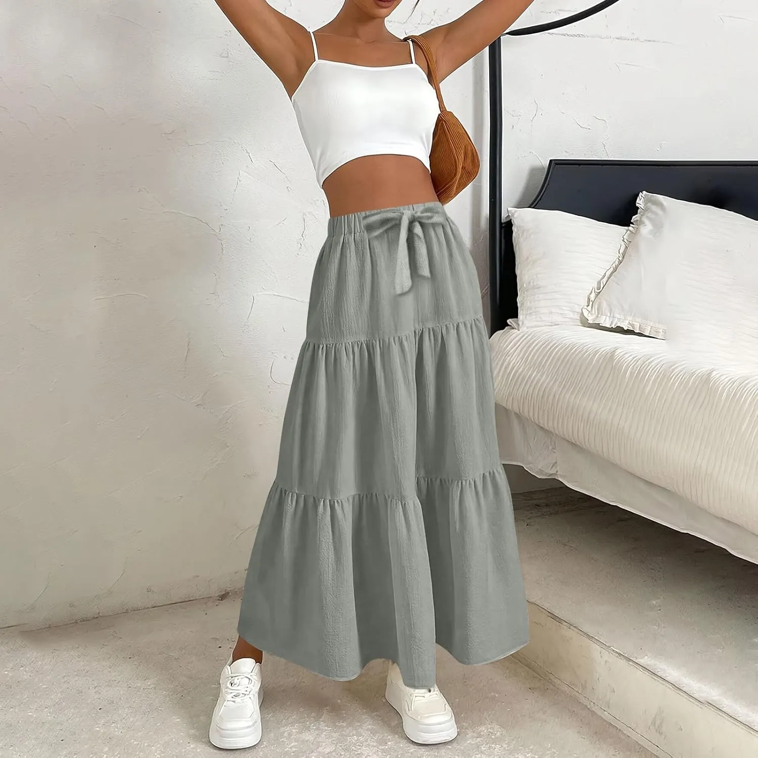 ADHOWBEW Spring Skirts for Women 2025 Elastic Waist Vacation Long Trendy Flowy Tiered Bohemian Skirts