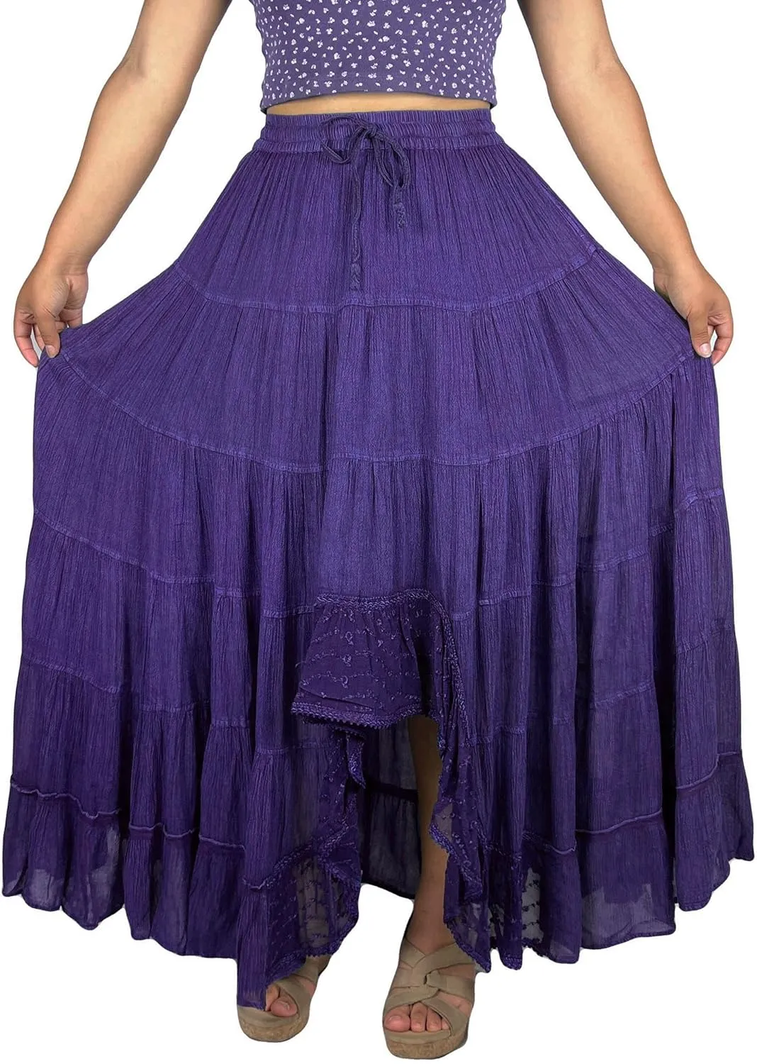 Agan Traders Women's 2025 Spring Peasant Tiered A Line Flared High Low Elastic Waistband Flowy Long Maxi Skirt