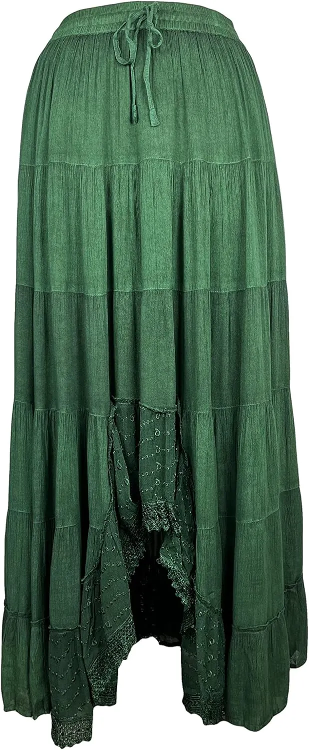 Agan Traders Women's 2025 Spring Peasant Tiered A Line Flared High Low Elastic Waistband Flowy Long Maxi Skirt