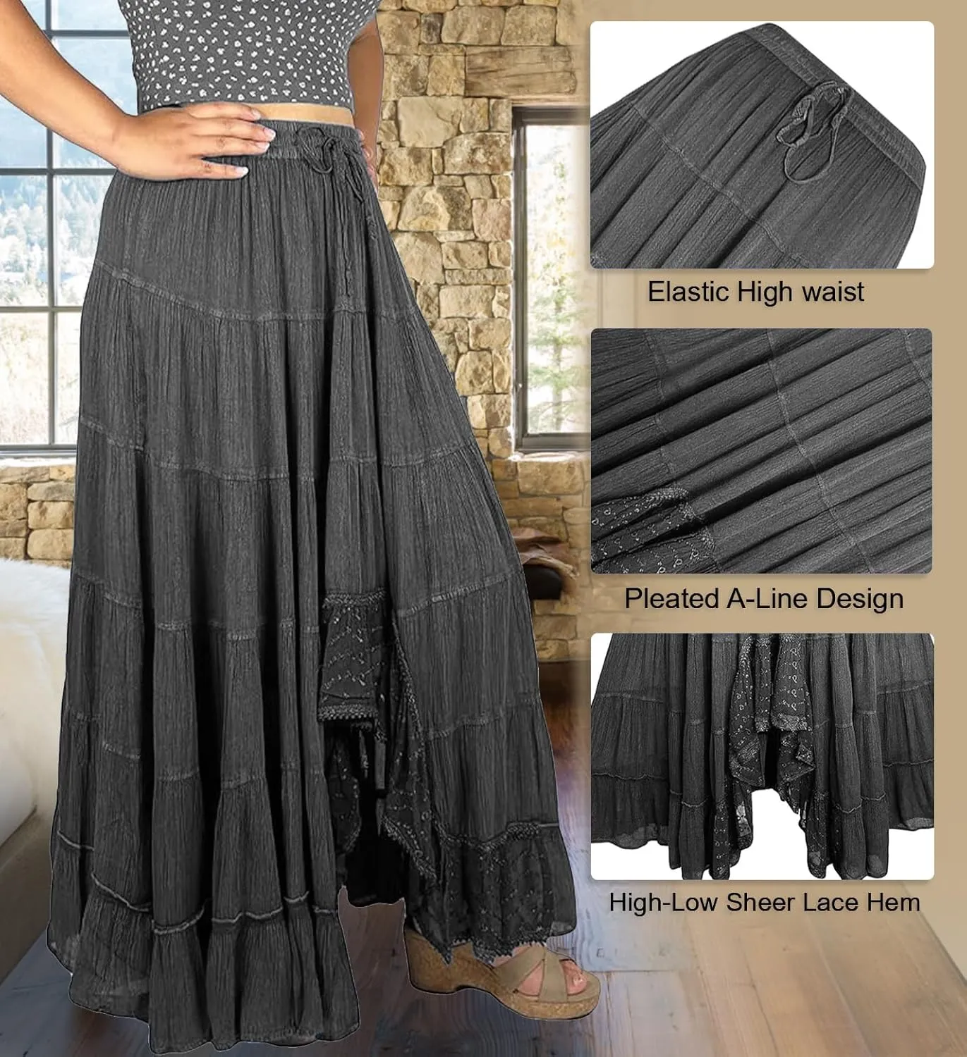 Agan Traders Women's 2025 Spring Peasant Tiered A Line Flared High Low Elastic Waistband Flowy Long Maxi Skirt