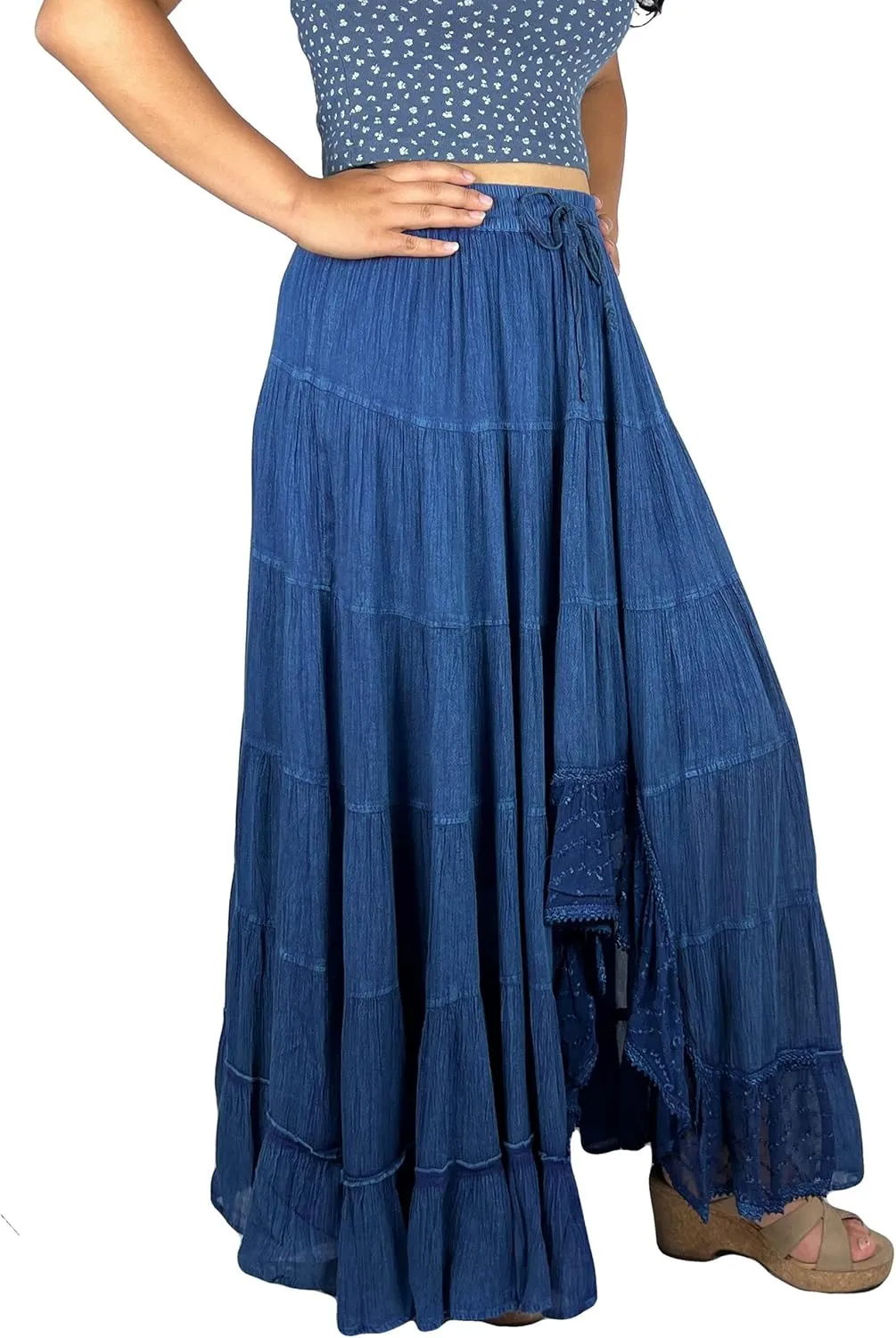 Agan Traders Women's 2025 Spring Peasant Tiered A Line Flared High Low Elastic Waistband Flowy Long Maxi Skirt