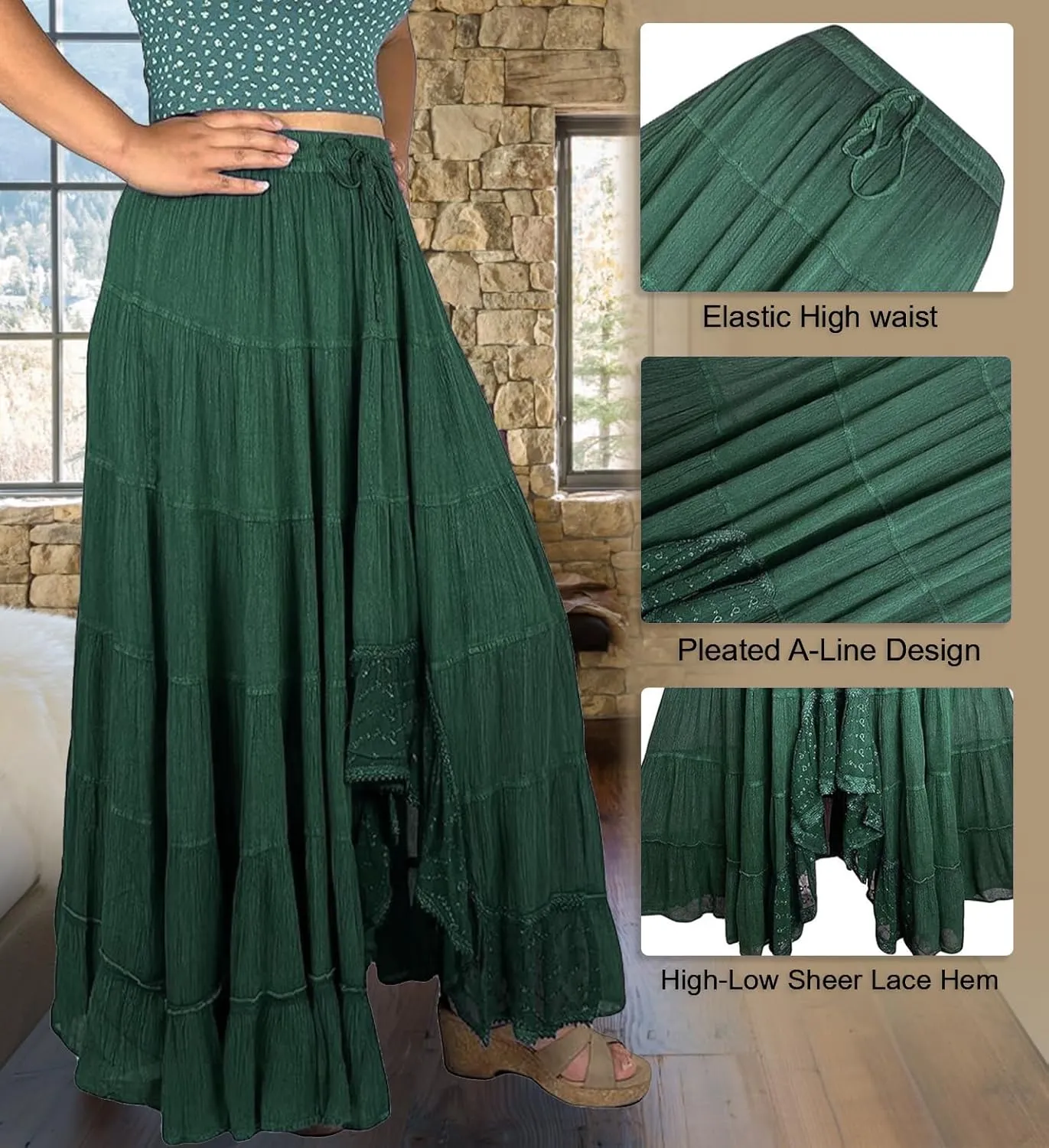 Agan Traders Women's 2025 Spring Peasant Tiered A Line Flared High Low Elastic Waistband Flowy Long Maxi Skirt