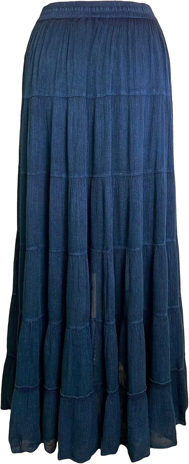 Agan Traders Women's 2025 Spring Peasant Tiered A Line Flared High Low Elastic Waistband Flowy Long Maxi Skirt