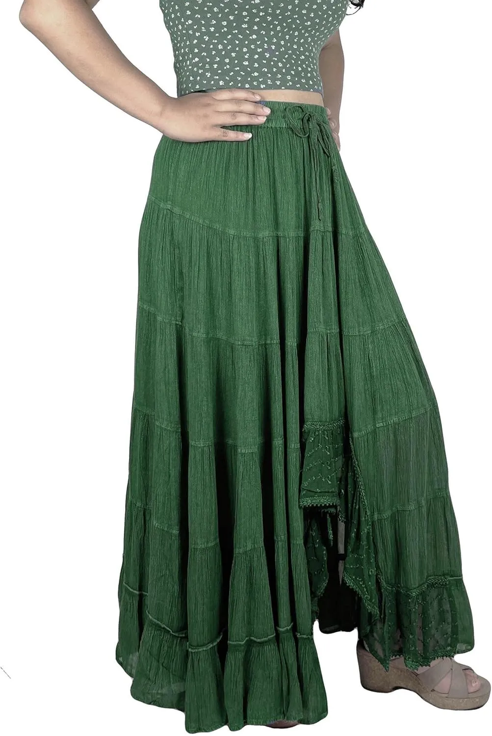 Agan Traders Women's 2025 Spring Peasant Tiered A Line Flared High Low Elastic Waistband Flowy Long Maxi Skirt