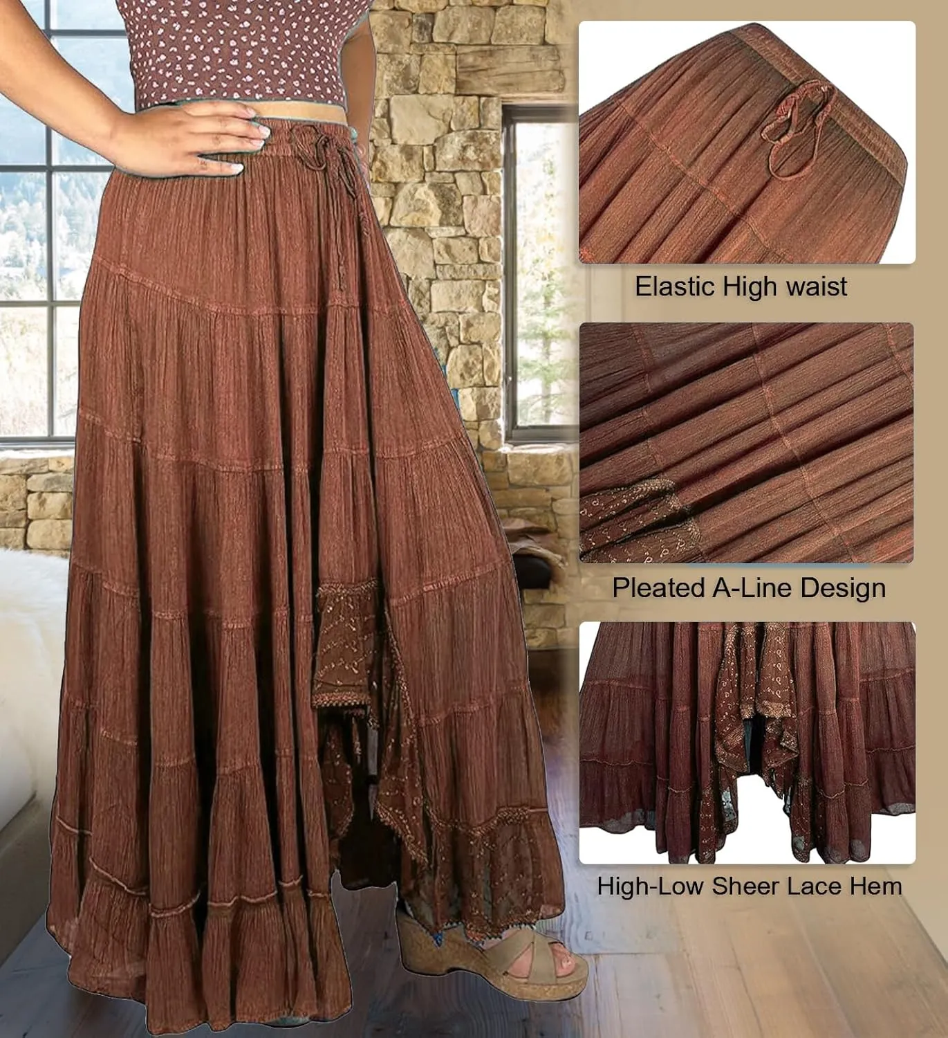 Agan Traders Women's 2025 Spring Peasant Tiered A Line Flared High Low Elastic Waistband Flowy Long Maxi Skirt