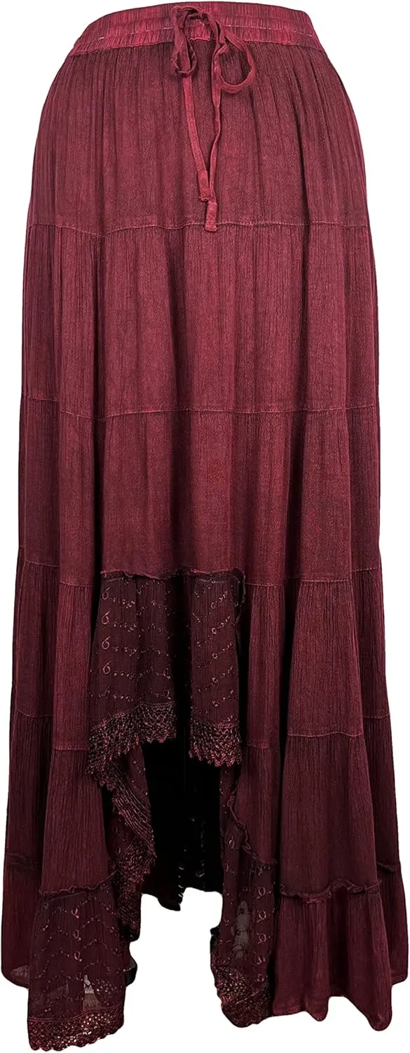 Agan Traders Women's 2025 Spring Peasant Tiered A Line Flared High Low Elastic Waistband Flowy Long Maxi Skirt