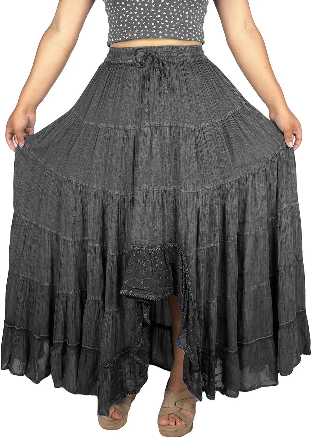 Agan Traders Women's 2025 Spring Peasant Tiered A Line Flared High Low Elastic Waistband Flowy Long Maxi Skirt