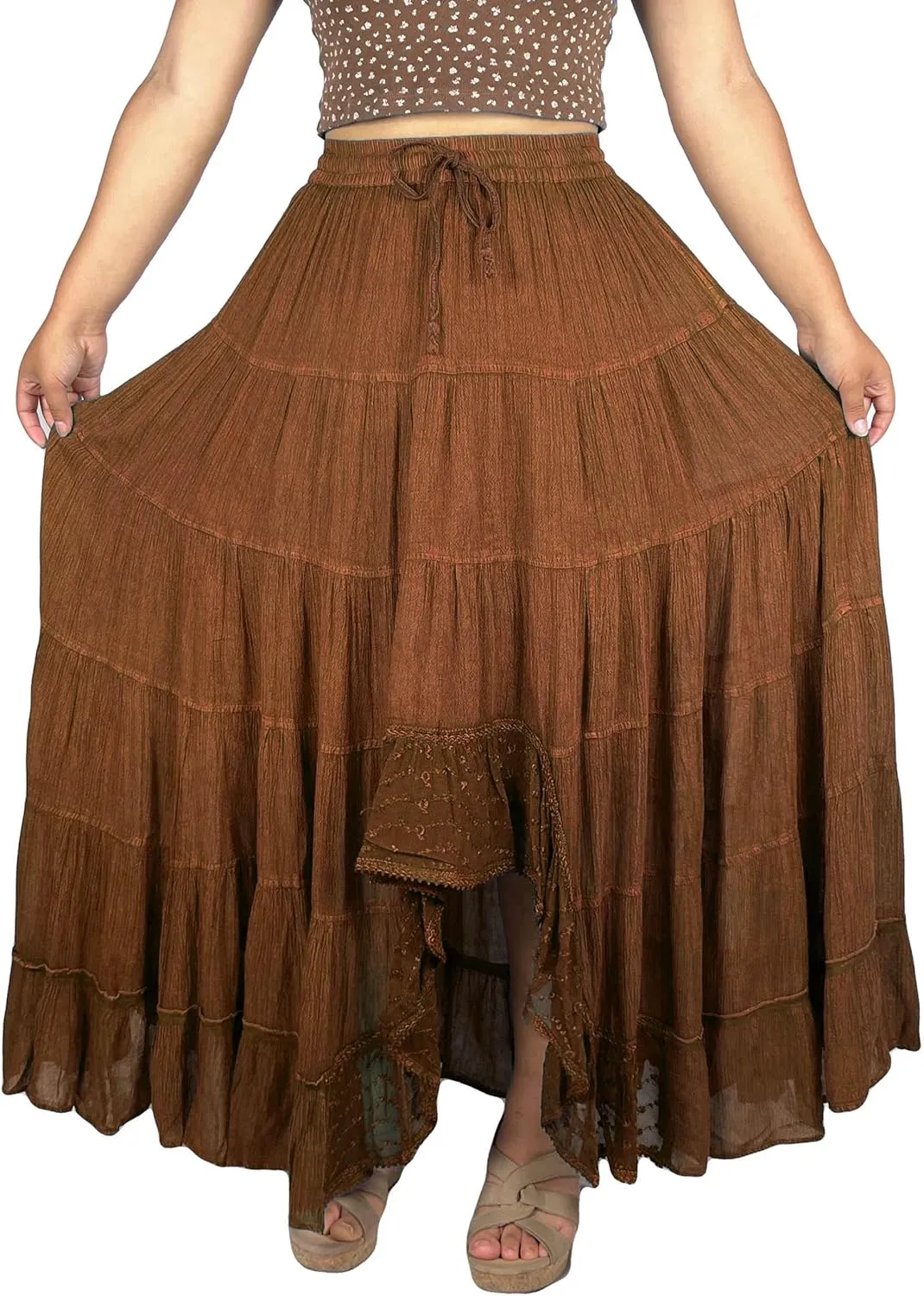 Agan Traders Women's 2025 Spring Peasant Tiered A Line Flared High Low Elastic Waistband Flowy Long Maxi Skirt