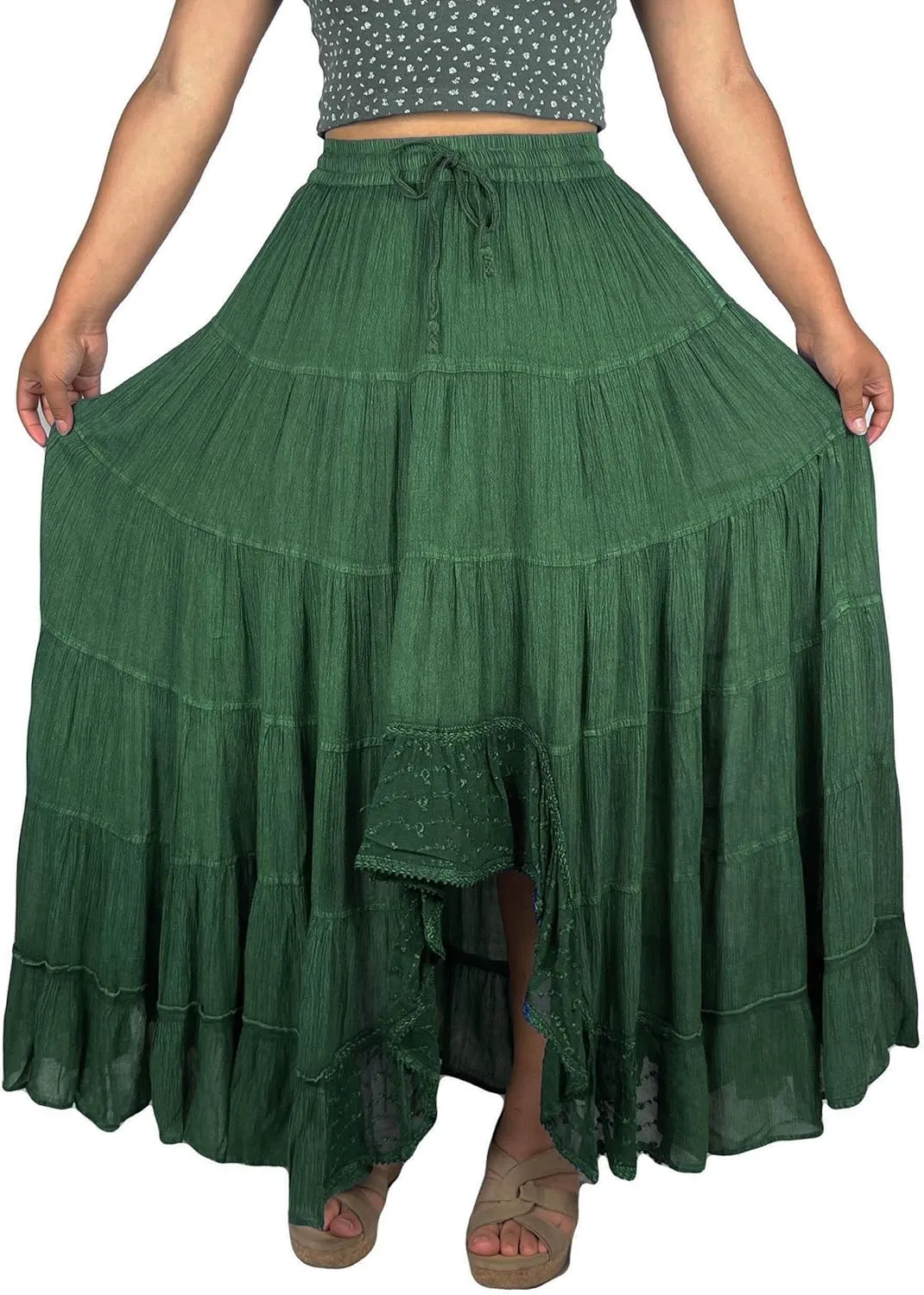 Agan Traders Women's 2025 Spring Peasant Tiered A Line Flared High Low Elastic Waistband Flowy Long Maxi Skirt