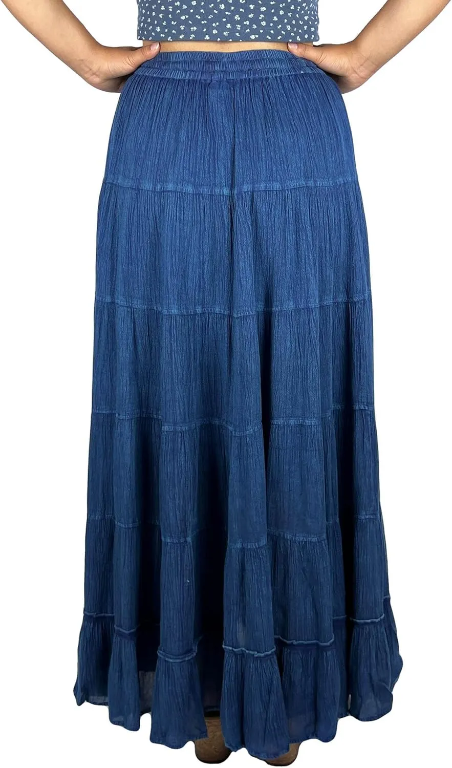 Agan Traders Women's 2025 Spring Peasant Tiered A Line Flared High Low Elastic Waistband Flowy Long Maxi Skirt
