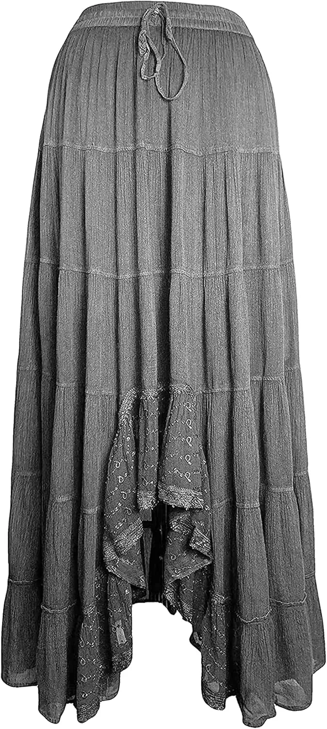 Agan Traders Women's 2025 Spring Peasant Tiered A Line Flared High Low Elastic Waistband Flowy Long Maxi Skirt
