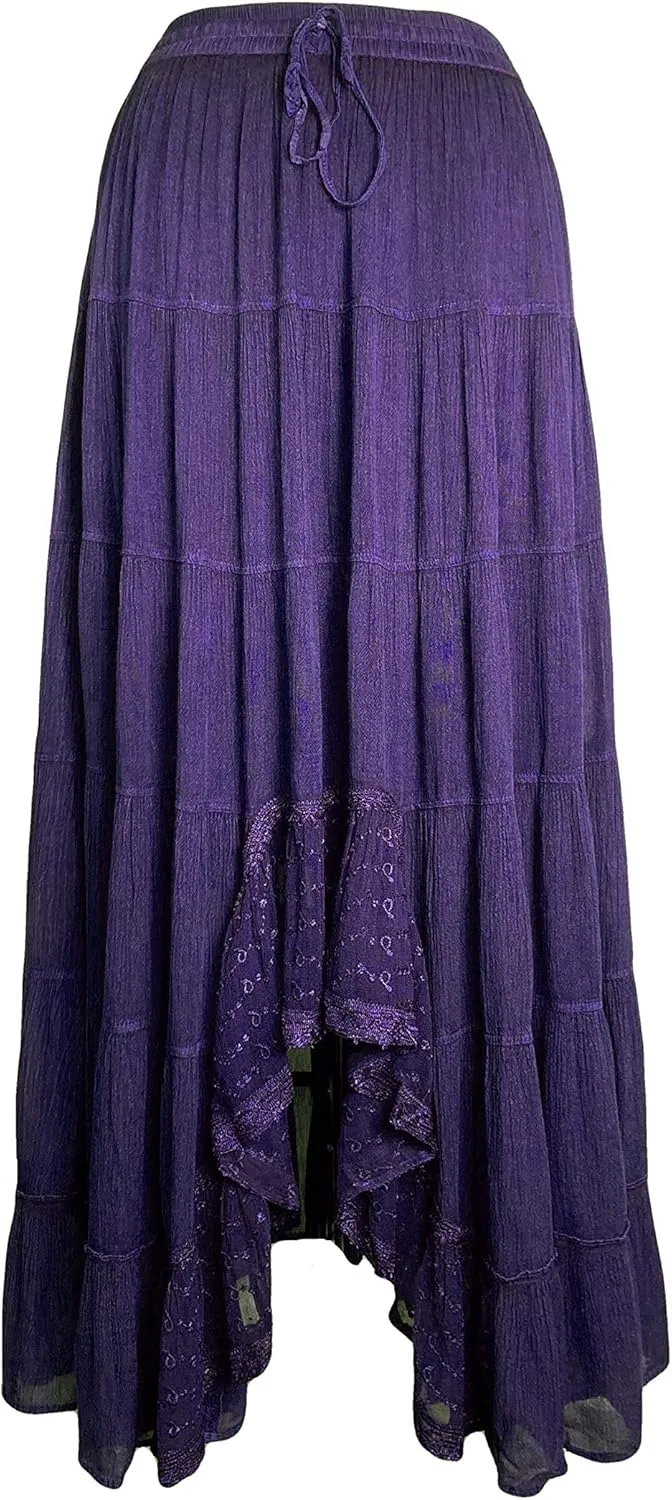 Agan Traders Women's 2025 Spring Peasant Tiered A Line Flared High Low Elastic Waistband Flowy Long Maxi Skirt