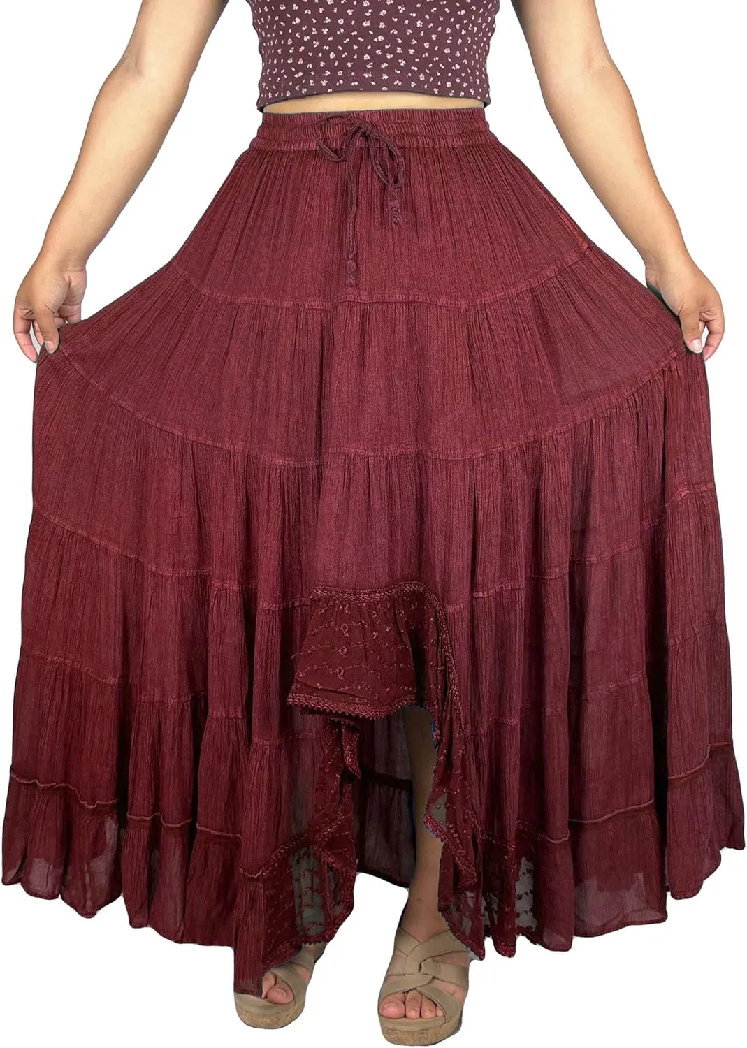 Agan Traders Women's 2025 Spring Peasant Tiered A Line Flared High Low Elastic Waistband Flowy Long Maxi Skirt