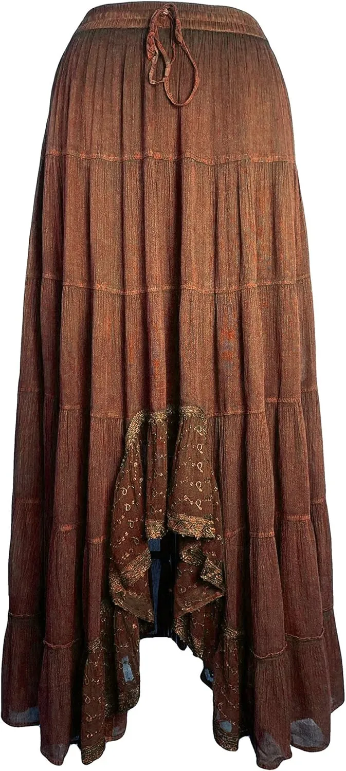 Agan Traders Women's 2025 Spring Peasant Tiered A Line Flared High Low Elastic Waistband Flowy Long Maxi Skirt