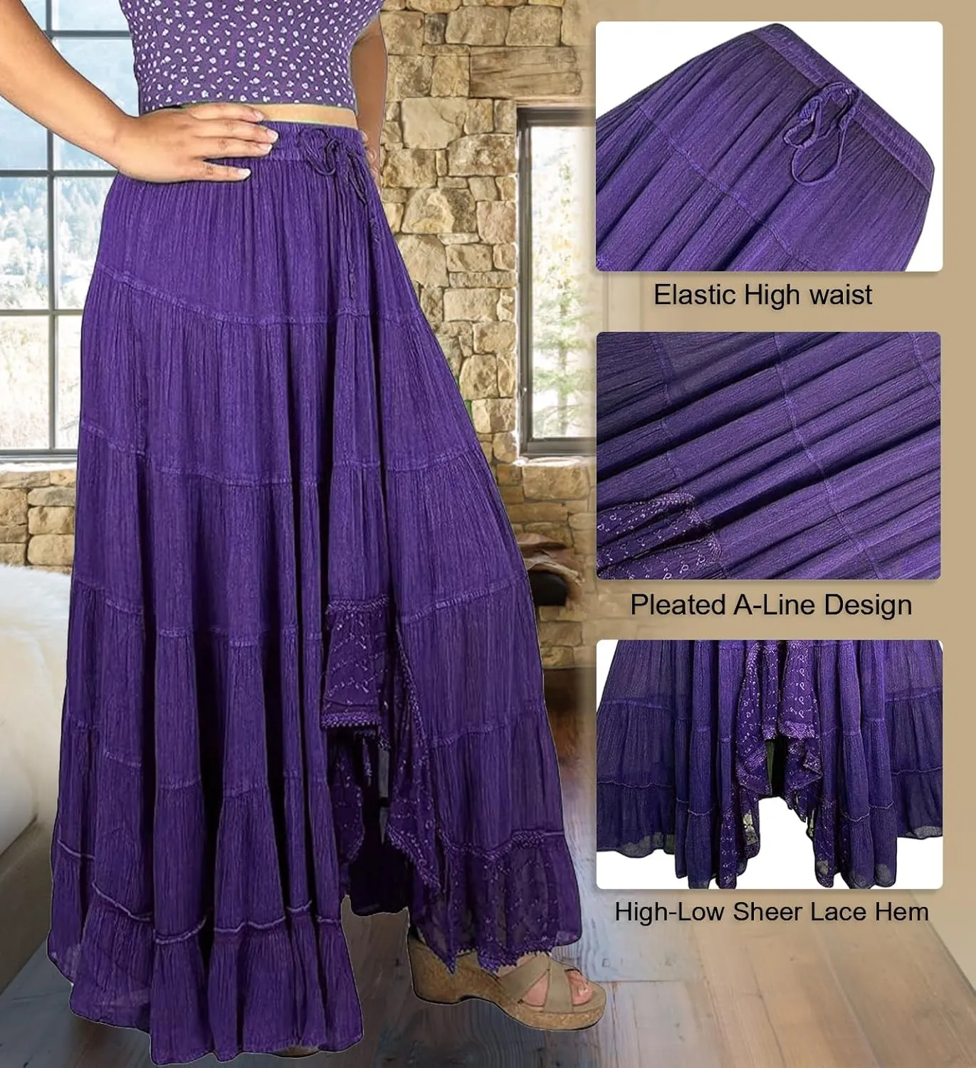 Agan Traders Women's 2025 Spring Peasant Tiered A Line Flared High Low Elastic Waistband Flowy Long Maxi Skirt