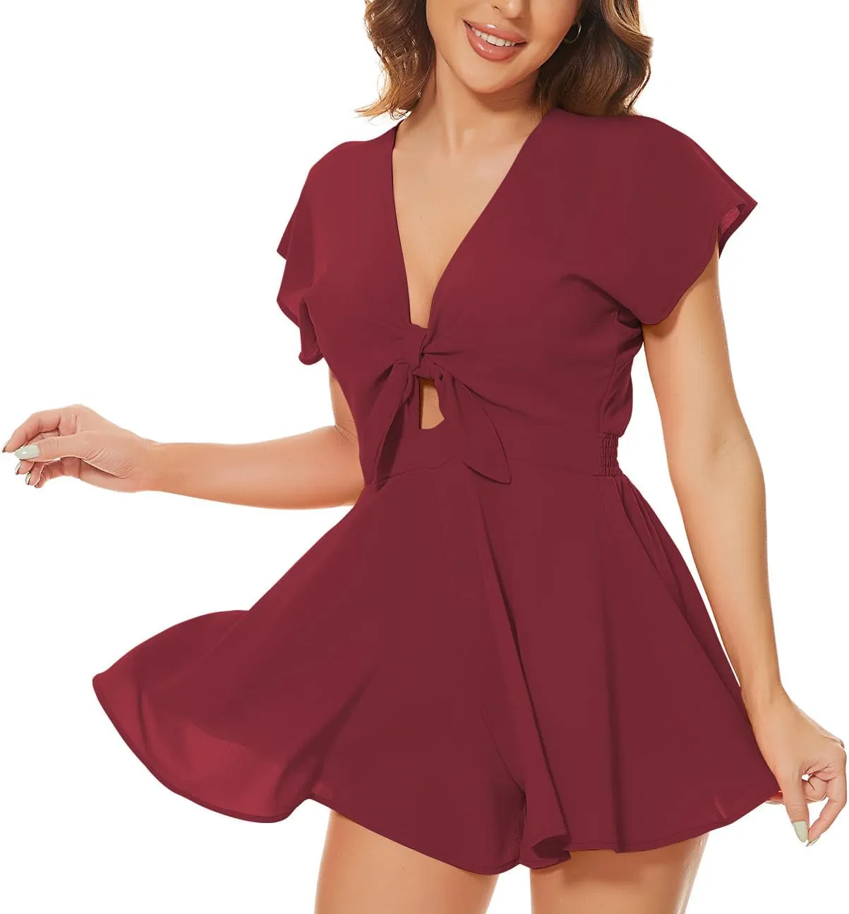 AGQT Women's Sexy V-Neck Self-Tie Front Romper Short Jumpsuit Playsuit Mini Outfit Dress Boho