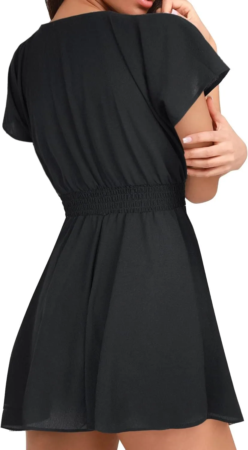 AGQT Women's Sexy V-Neck Self-Tie Front Romper Short Jumpsuit Playsuit Mini Outfit Dress Boho