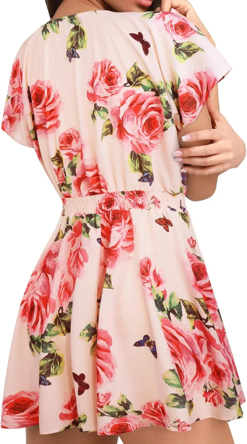 AGQT Women's Sexy V-Neck Self-Tie Front Romper Short Jumpsuit Playsuit Mini Outfit Dress Boho