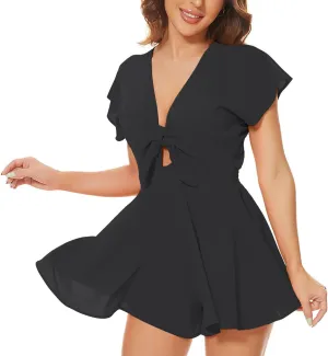 AGQT Women's Sexy V-Neck Self-Tie Front Romper Short Jumpsuit Playsuit Mini Outfit Dress Boho