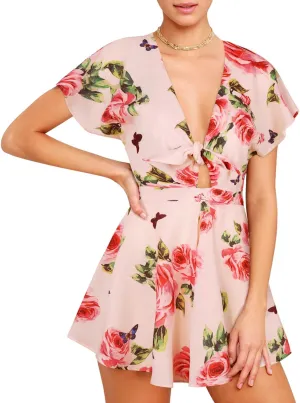 AGQT Women's Sexy V-Neck Self-Tie Front Romper Short Jumpsuit Playsuit Mini Outfit Dress Boho