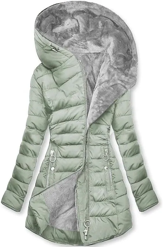 Akklian Womens Hooded Padded Cotton Jacket Winter Zipper Down Jackets & Parkas Fur Waterproof Puffer Coat Thickened Outerwear