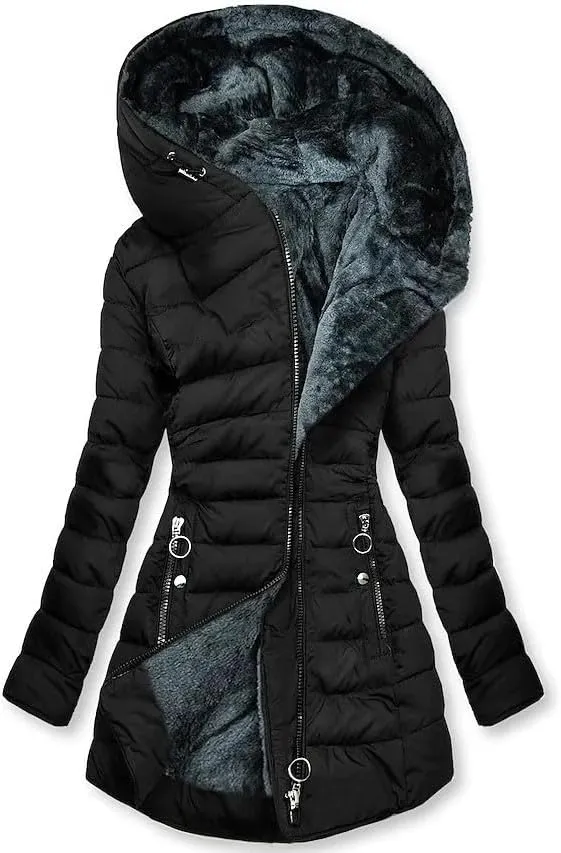 Akklian Womens Hooded Padded Cotton Jacket Winter Zipper Down Jackets & Parkas Fur Waterproof Puffer Coat Thickened Outerwear