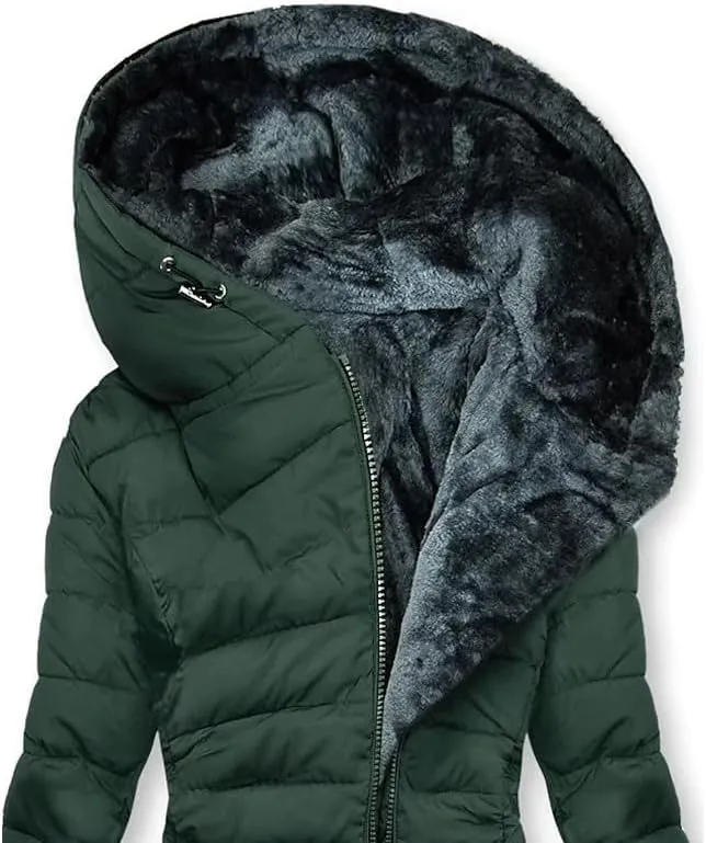 Akklian Womens Hooded Padded Cotton Jacket Winter Zipper Down Jackets & Parkas Fur Waterproof Puffer Coat Thickened Outerwear