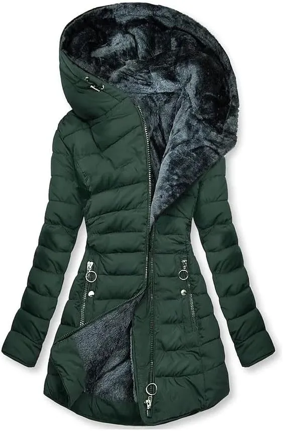 Akklian Womens Hooded Padded Cotton Jacket Winter Zipper Down Jackets & Parkas Fur Waterproof Puffer Coat Thickened Outerwear