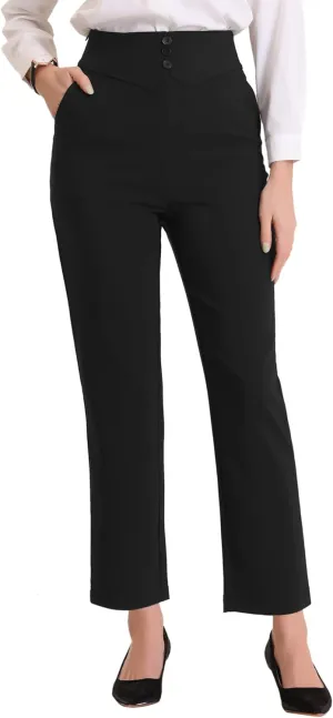 Allegra K Elegant Business Pants for Women's Elastic Waist Button Decor Straight Leg Work Trousers