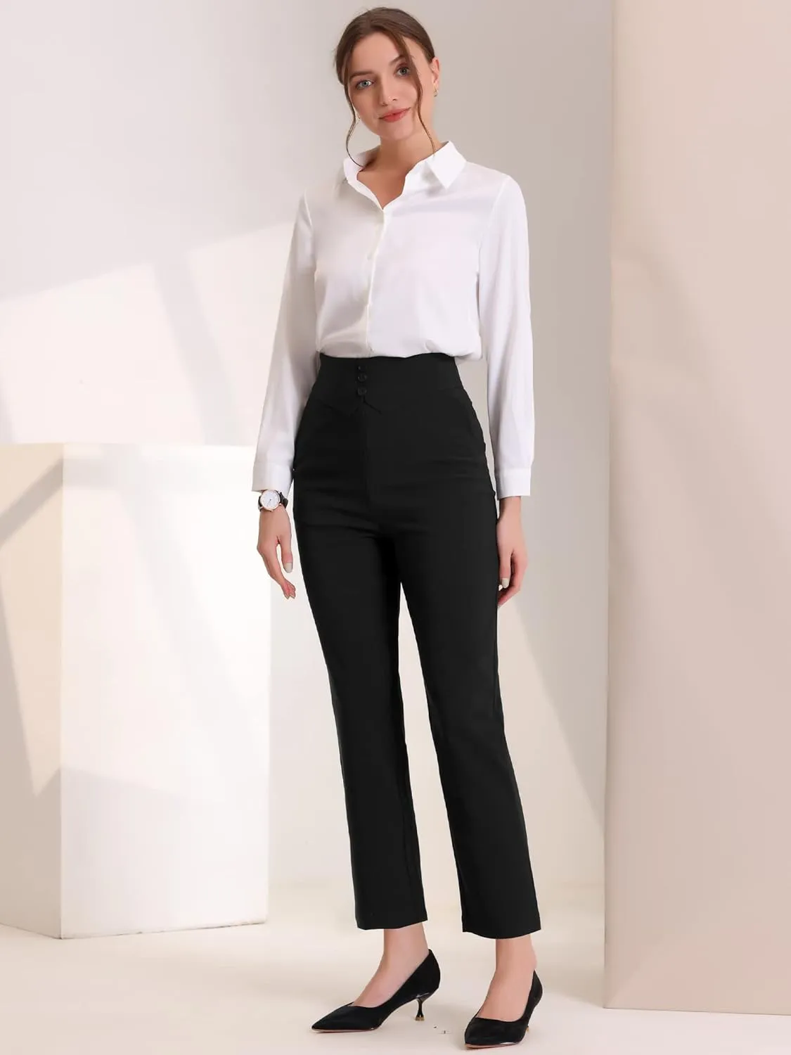 Allegra K Elegant Business Pants for Women's Elastic Waist Button Decor Straight Leg Work Trousers
