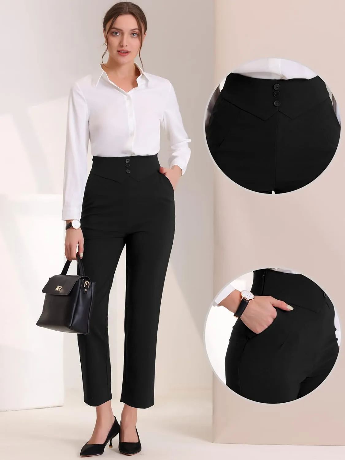 Allegra K Elegant Business Pants for Women's Elastic Waist Button Decor Straight Leg Work Trousers