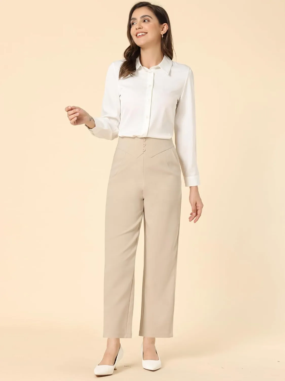 Allegra K Elegant Business Pants for Women's Elastic Waist Button Decor Straight Leg Work Trousers