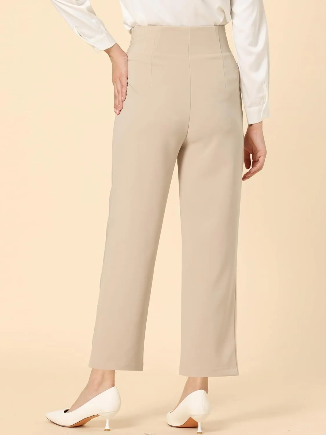Allegra K Elegant Business Pants for Women's Elastic Waist Button Decor Straight Leg Work Trousers