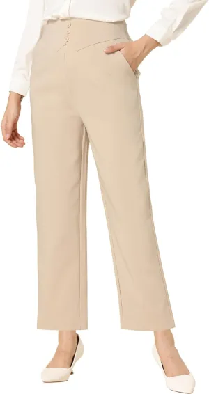 Allegra K Elegant Business Pants for Women's Elastic Waist Button Decor Straight Leg Work Trousers
