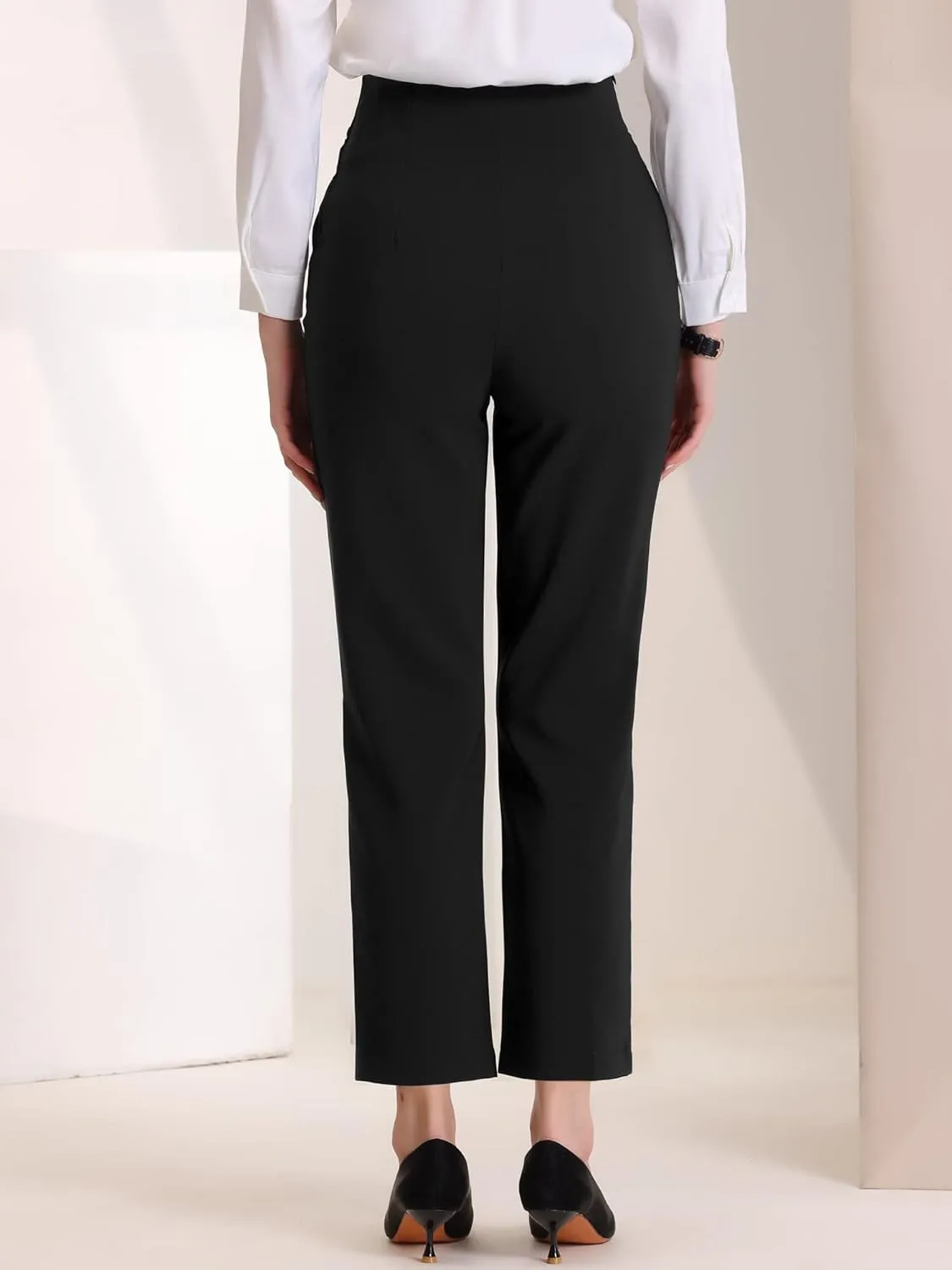 Allegra K Elegant Business Pants for Women's Elastic Waist Button Decor Straight Leg Work Trousers