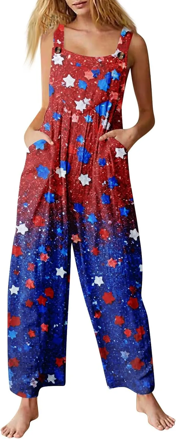 American Flag Romper Women Cotton Linen Sleeveless Straps Harem Tapered Bib Jumpsuits Red White and Blue Overalls