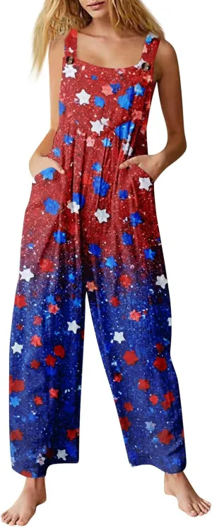 American Flag Romper Women Cotton Linen Sleeveless Straps Harem Tapered Bib Jumpsuits Red White and Blue Overalls