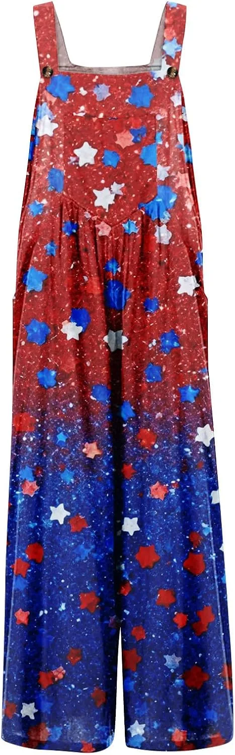American Flag Romper Women Cotton Linen Sleeveless Straps Harem Tapered Bib Jumpsuits Red White and Blue Overalls