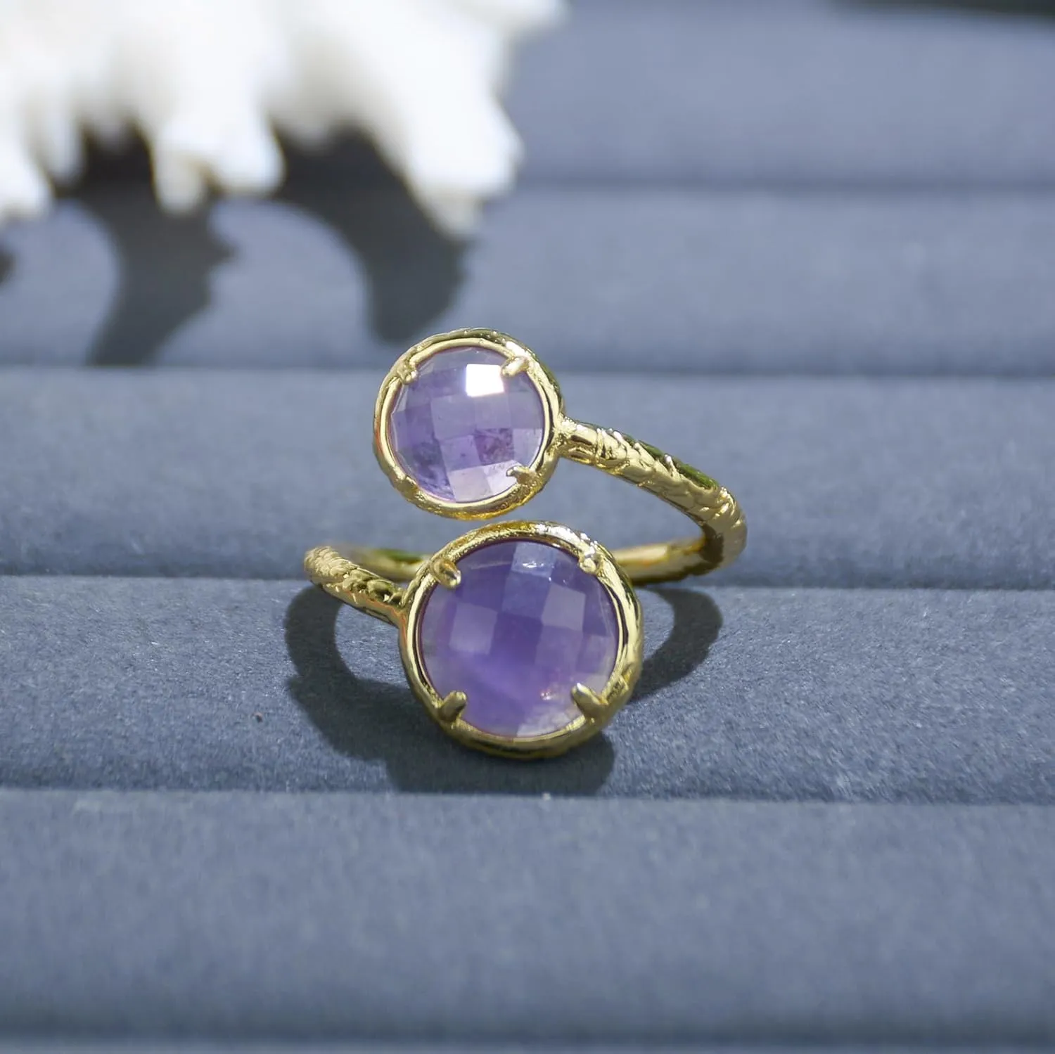 Amethyst Ring, Natural Amethyst Rings for Women, Adjustable February Birthstone Ring for Amethyst Jewelry Gift, Double Stone Ring. (amethyst)
