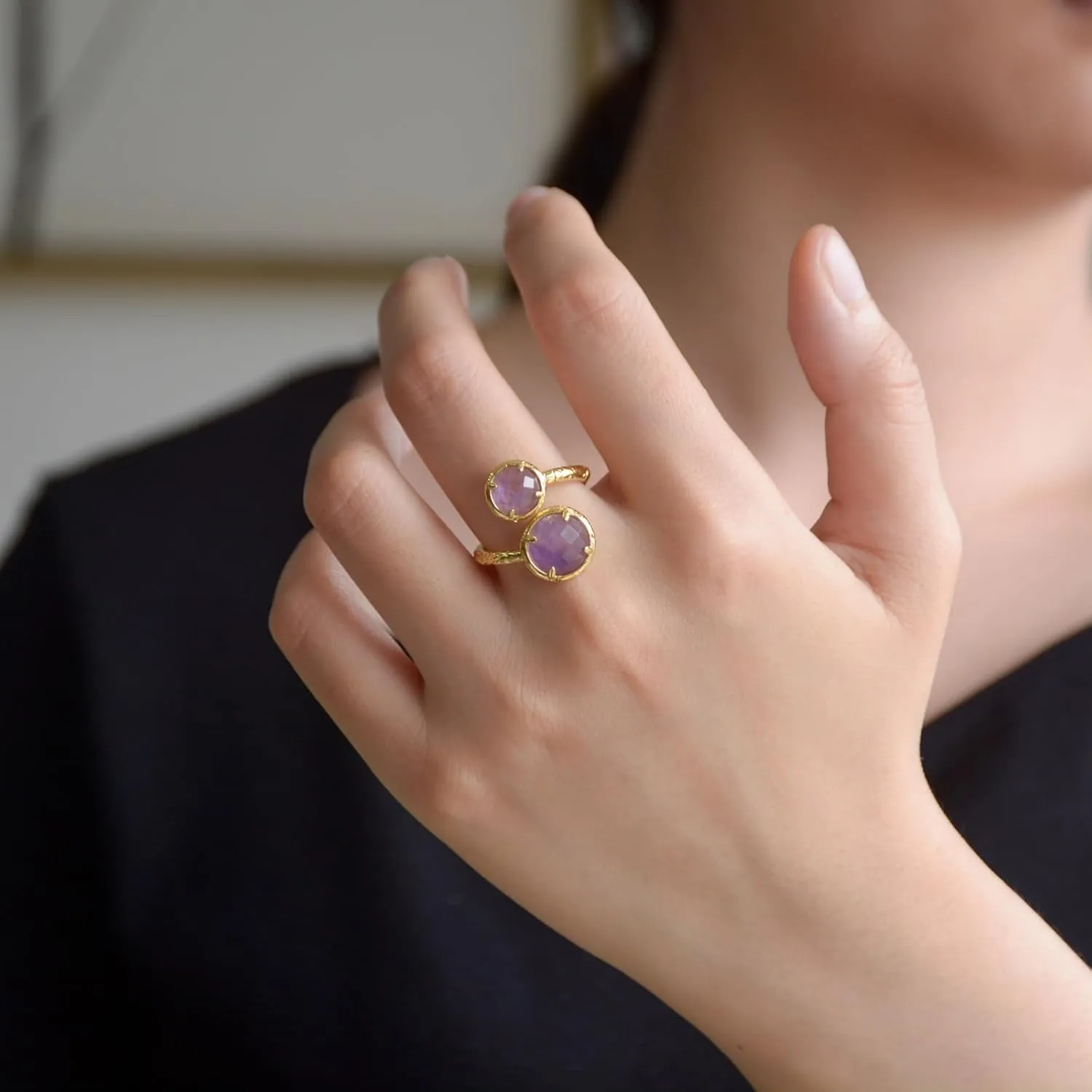 Amethyst Ring, Natural Amethyst Rings for Women, Adjustable February Birthstone Ring for Amethyst Jewelry Gift, Double Stone Ring. (amethyst)