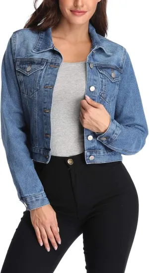 andy & natalie Women's Denim Jackets Cropped Long Sleeve Basic Button Down Crop Jean Shacket with Pockets