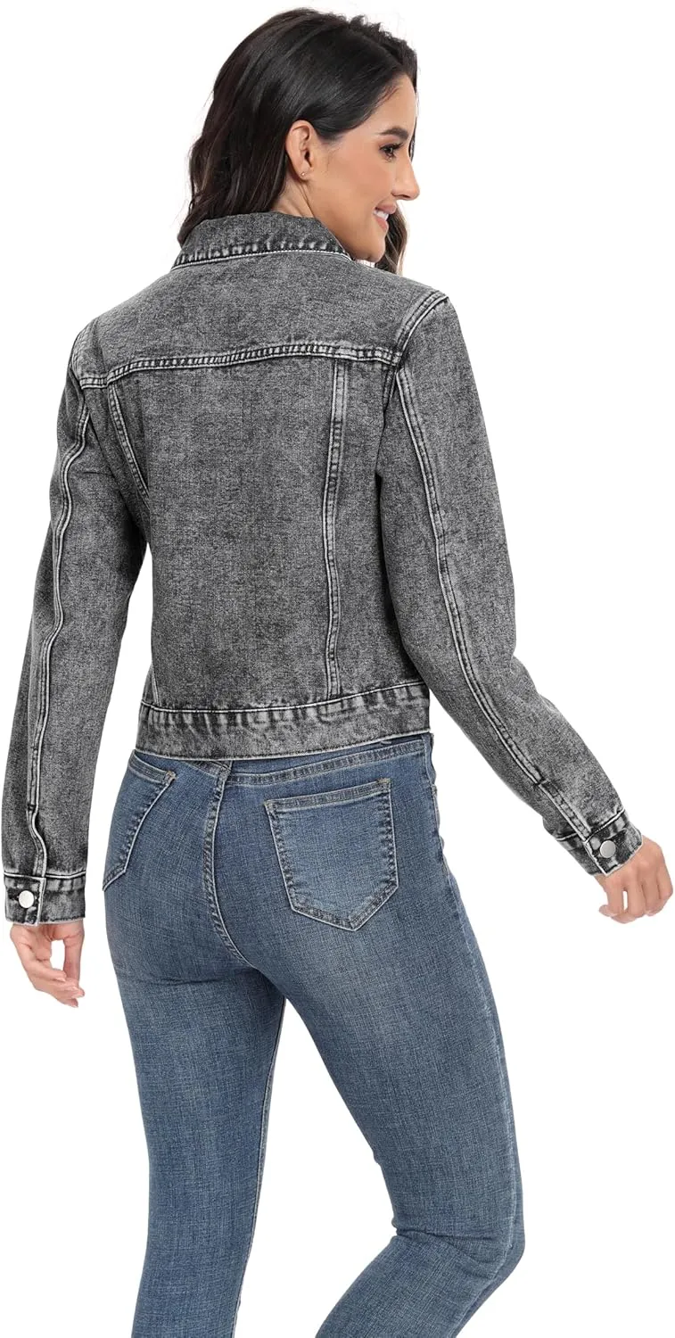 andy & natalie Women's Denim Jackets Cropped Long Sleeve Basic Button Down Crop Jean Shacket with Pockets