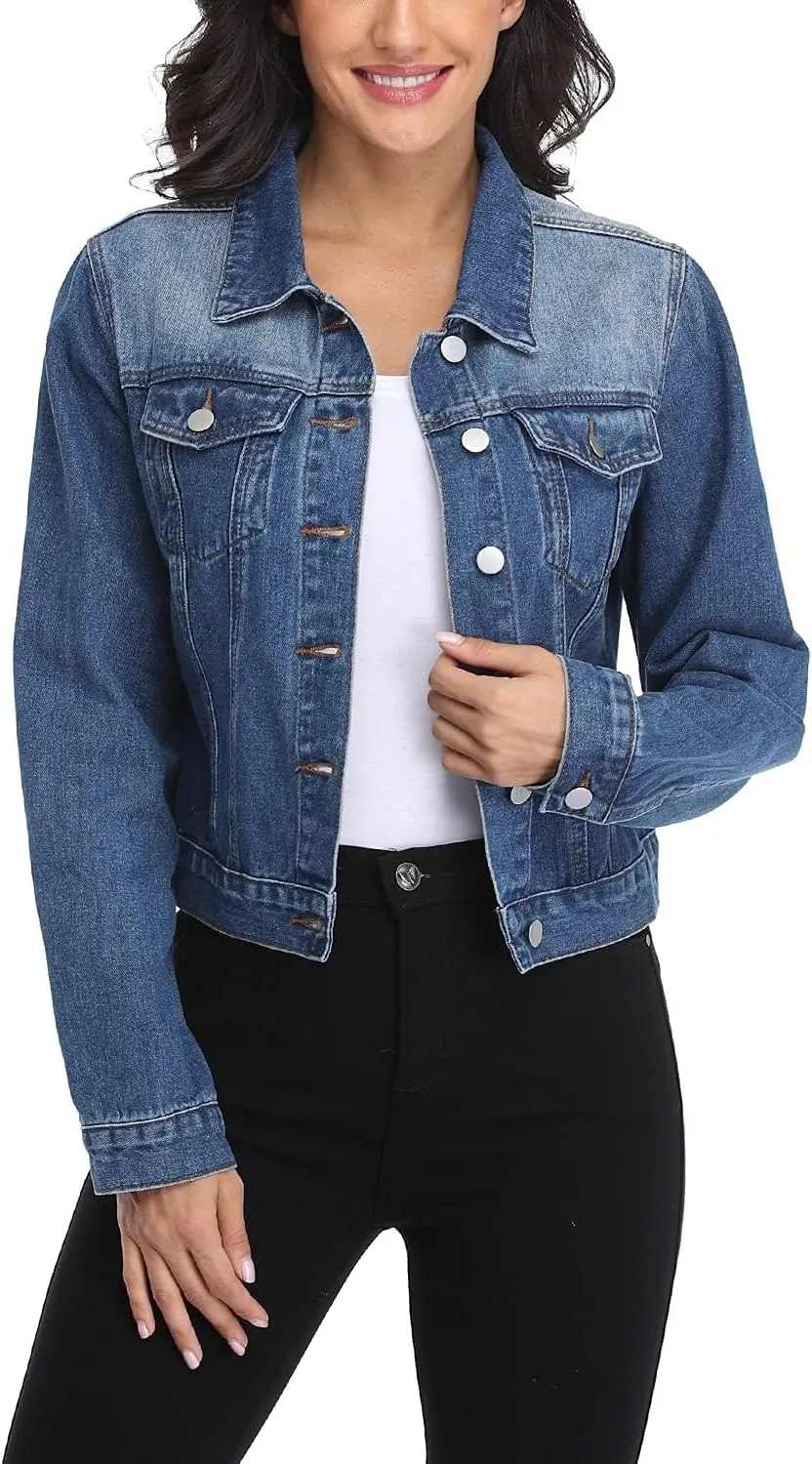 andy & natalie Women's Denim Jackets Cropped Long Sleeve Basic Button Down Crop Jean Shacket with Pockets