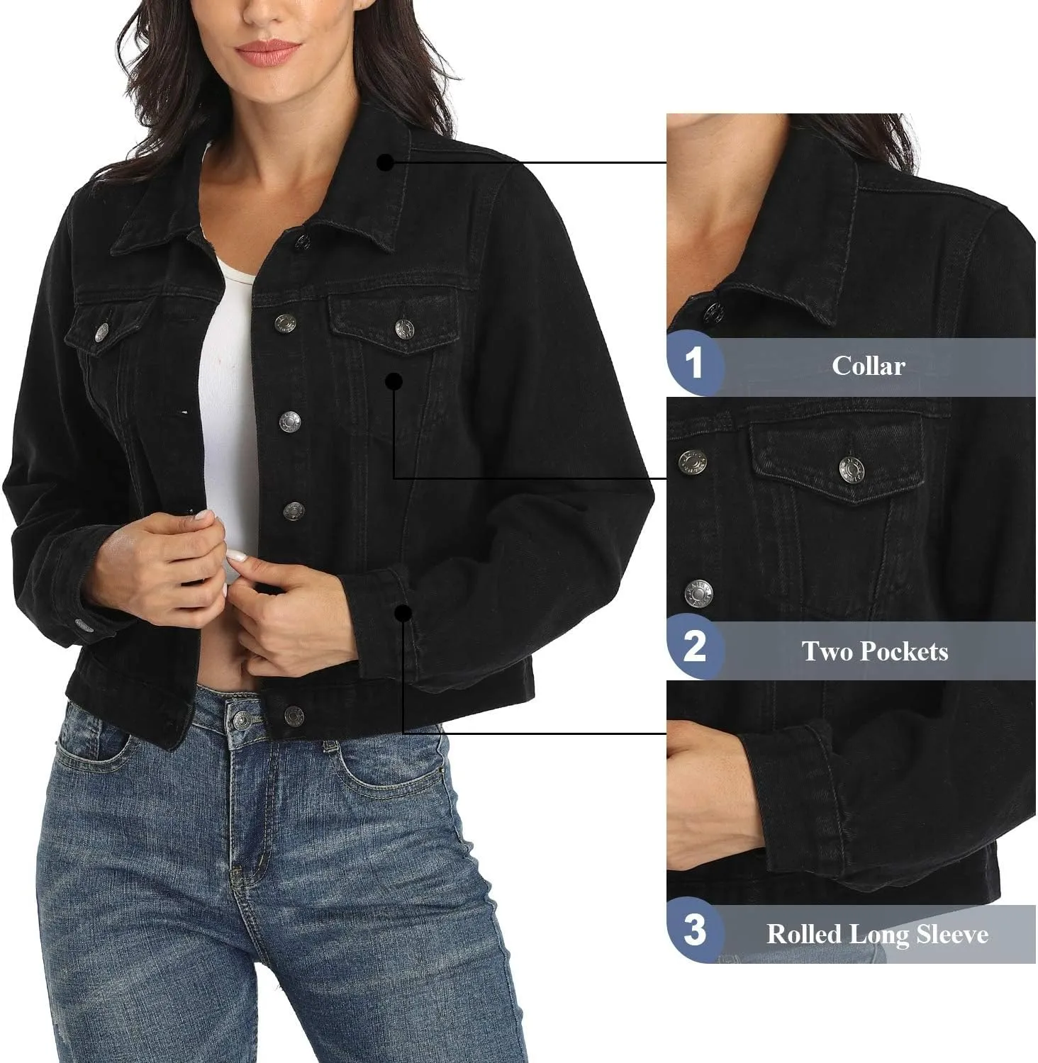 andy & natalie Women's Denim Jackets Cropped Long Sleeve Basic Button Down Crop Jean Shacket with Pockets