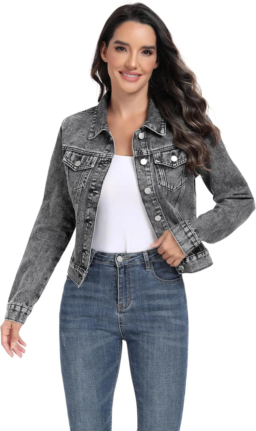 andy & natalie Women's Denim Jackets Cropped Long Sleeve Basic Button Down Crop Jean Shacket with Pockets